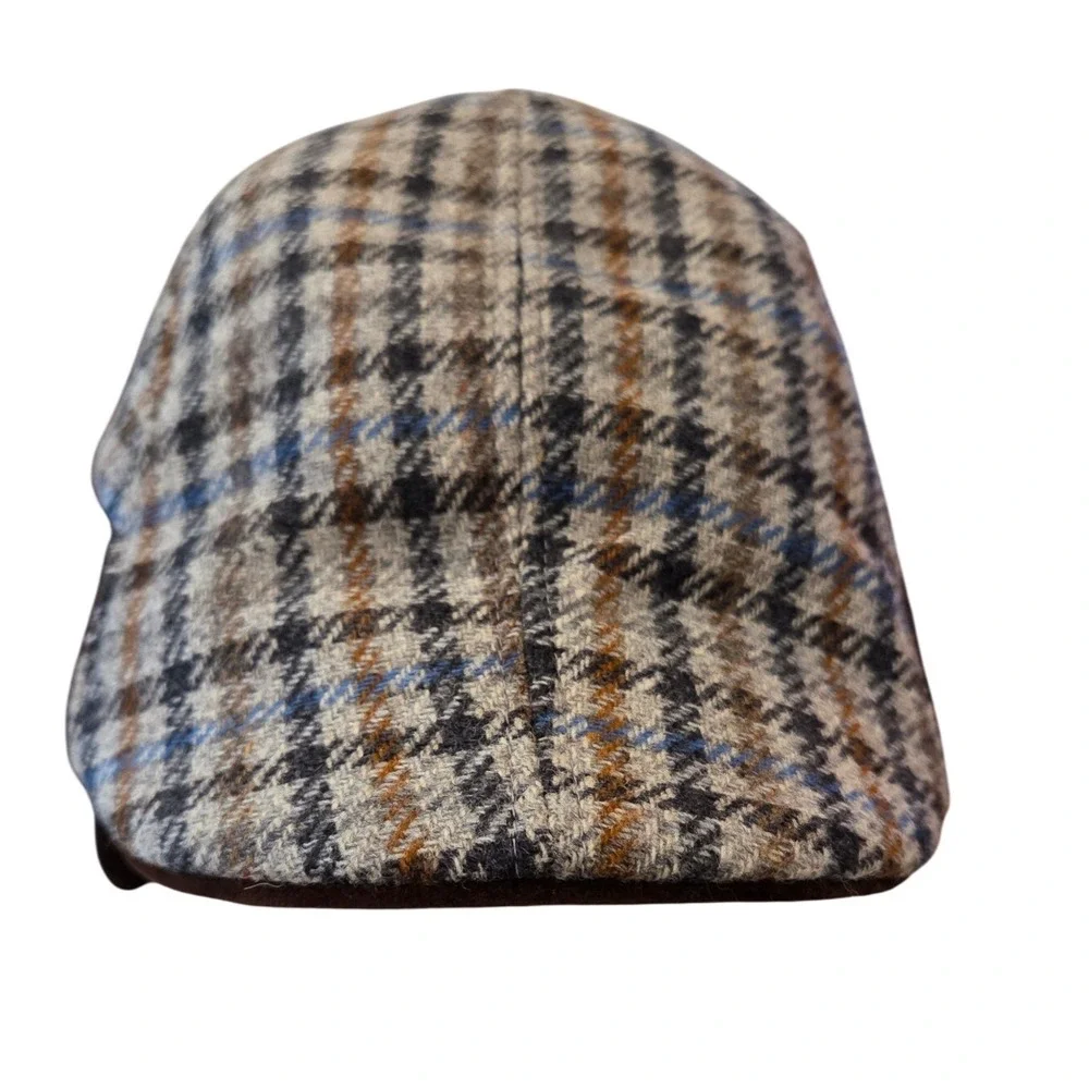 Houndstooth Newsboy Cap Brown Blue‎ Plaid Driving  Hat Ear Flaps Made In Italy